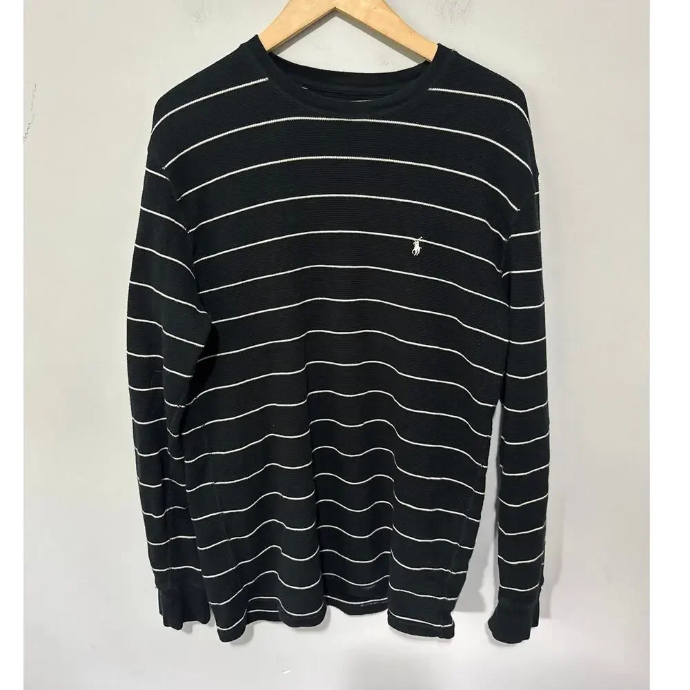 Polo Ralph Lauren Shirt Mens XL Black Striped Thermal Long Sleeve Waffle Weave